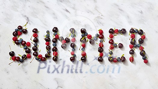 Word SUMMER made ripe sweet juicy red berries on gray stone background. Summer concept of healthy organic rood. Flat lay. Word SUMMER made ripe sweet juicy red berries on gray stone background. Summer concept of healthy organic rood. Flat lay.