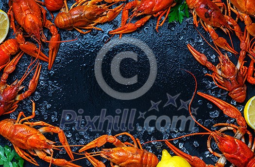 Fresh boiled crawfish with lemons and greens on a dark table with ice. Copyspace for text. Top view.