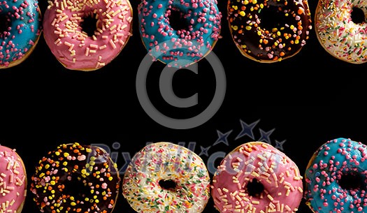 Variety of colorful tasty glazed donuts on a black background. Variety of colorful tasty glazed donuts on a black background.