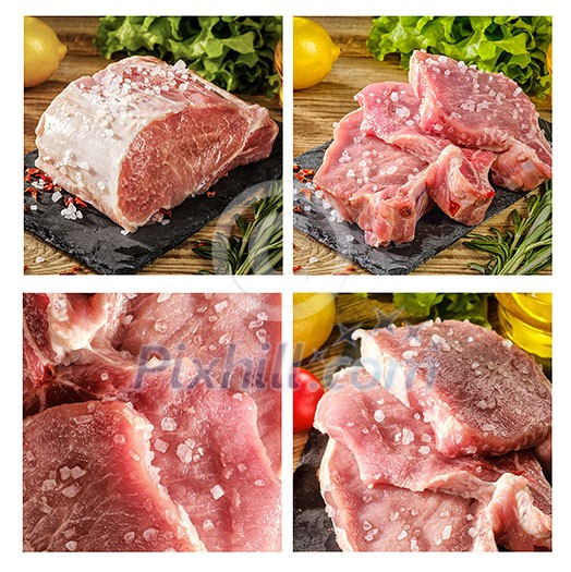 Collage of  Raw pork steaks on stone board with herbs, tomatoes and lemon
