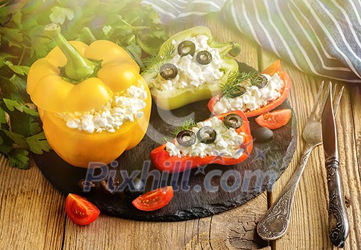 Bulgarian pepper stuffed with cheese with greens and olives Bulgarian pepper stuffed with cheese with greens and olives
