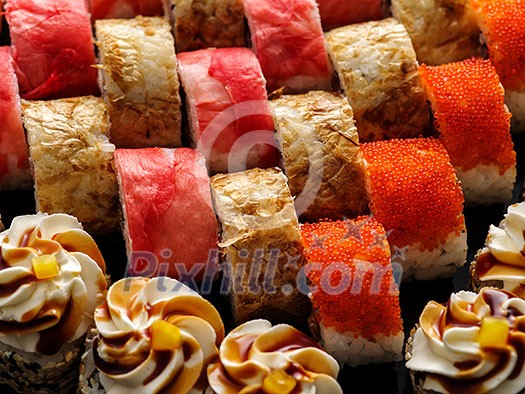 Sushi Set nigiri close up top view Sushi Set nigiri close up top view