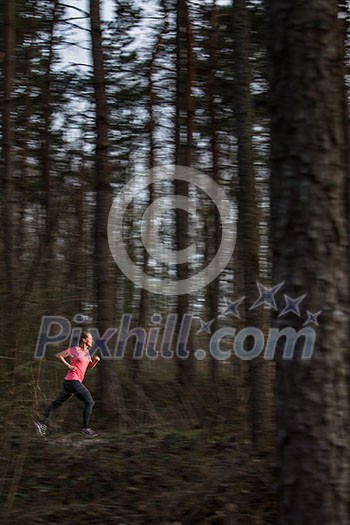 Young woman running outdoors in a forest, going fast (motion blurred image) Young woman running outdoors in a forest, going fast (motion blurred image)
