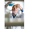 Senior male researcher carrying out scientific research in a lab (shallow DOF; color toned image)