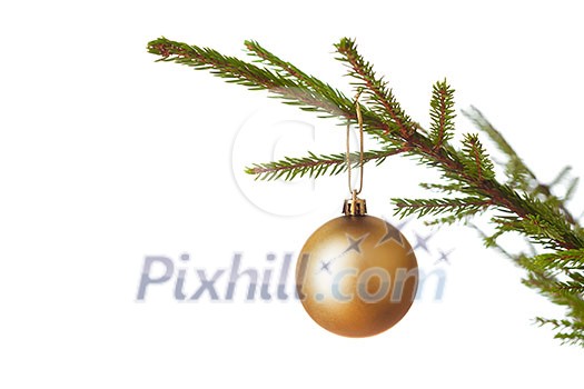 Christmas celebration holiday background with copyspace - Christmas-tree decoration bauble on decorated Christmas tree branch isolated on white background Christmas celebration holiday background with copyspace - Christmas-tree decoration bauble on decorated Christmas tree branch isolated on white background