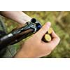 Autumn hunting season. Hunting. Outdoor sports. Woman hunter in the woods