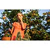 Pretty, young woman picking apricots lit by warm summer evening light (shallow DOF; color toned image)