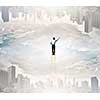Businessman standing on ladder between two urban realities