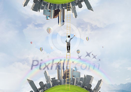Businessman standing on ladder between two urban realities Businessman standing on ladder between two urban realities