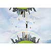 Businessman standing on ladder between two urban realities