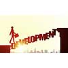 Businesswoman running on development word bridge over precipice