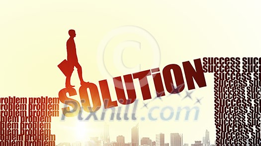 Businessman running on solution word bridge over precipice Businessman running on solution word bridge over precipice