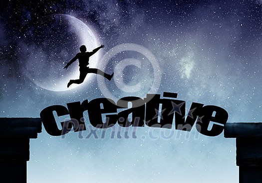 Businessman running on creative word bridge over precipice Businessman running on creative word bridge over precipice