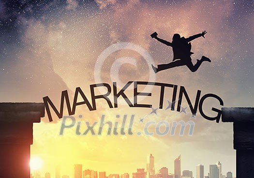 Businessman running on marketing word bridge over precipice Businessman running on marketing word bridge over precipice