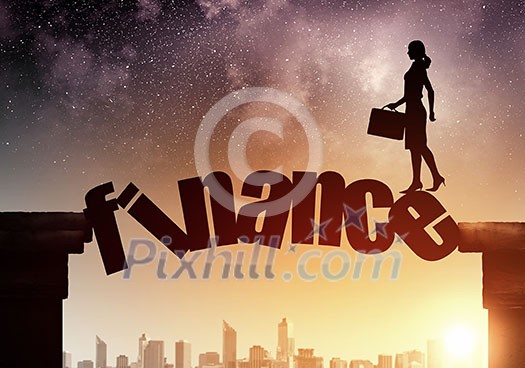 Businesswoman running on finance word bridge over precipice Businesswoman running on finance word bridge over precipice