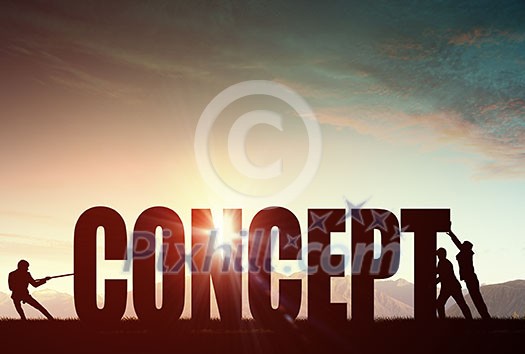 Business people pulling word concept representing collaboration work Business people pulling word concept representing collaboration work