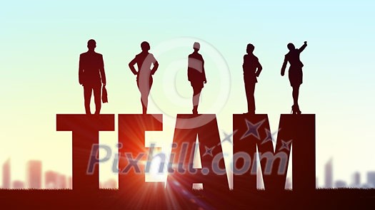 Business people standing on word team representing collaboration concept Business people standing on word team representing collaboration concept