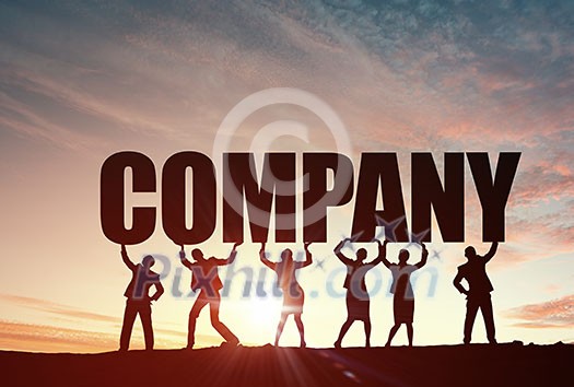 Business people lifting word company representing collaboration concept Business people lifting word company representing collaboration concept