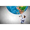 Young businessman drilling Earth planet. Elements of this image are furnished by NASA