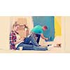 Happy couple doing home renovations, the man is painting the room and the woman is relaxing on the floor and connecting with a tablet