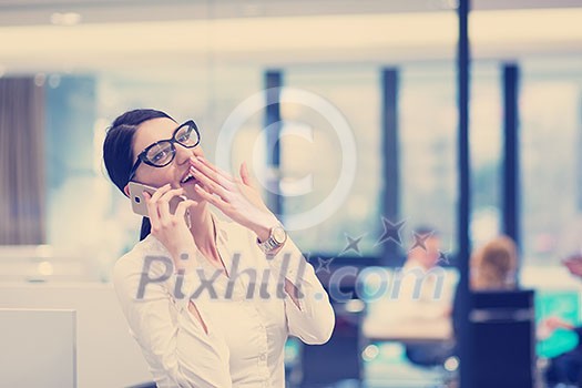 female manager using cell telephone in startup office interior female manager using cell telephone in startup office interior