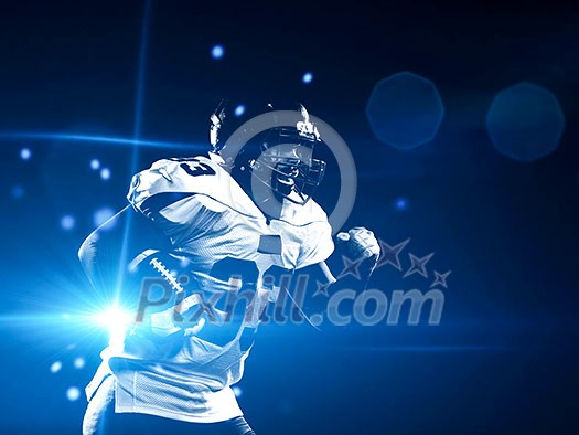 American football player holding ball while running on field at night American football player holding ball while running on field at night