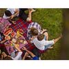 group of young friends enjoying picnic time drink and food in beautiful nature on the river bank top view