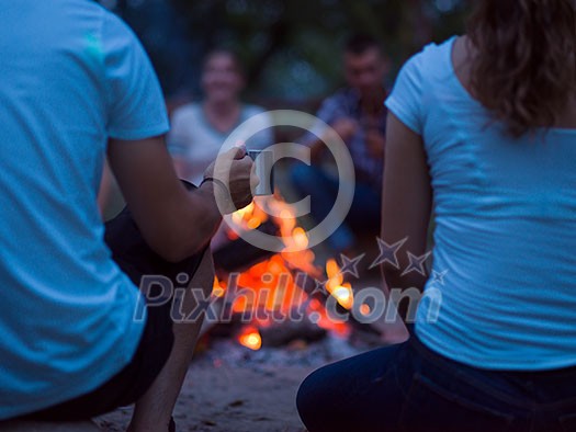 a group of happy young friends relaxing and enjoying summer evening around campfire on the river bank a group of happy young friends relaxing and enjoying summer evening around campfire on the river bank