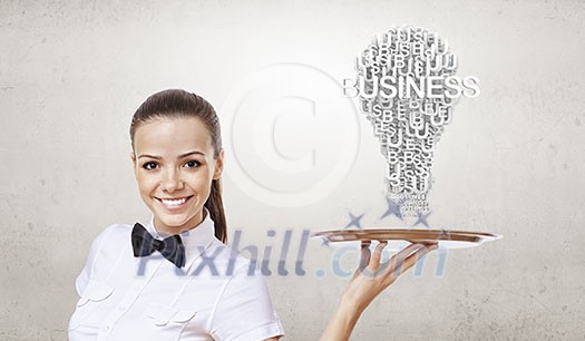 Pretty woman holding tray with successful idea concept Pretty woman holding tray with successful idea concept