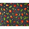 Top view of colorful composition of strawberry red ripe, blueberry and green sprig of mint isolated on black background