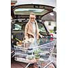 Pretty young woman buying groceries in a supermarket/mall/grocery store - loading the groceries into her car (color toned image; shallow DOF)