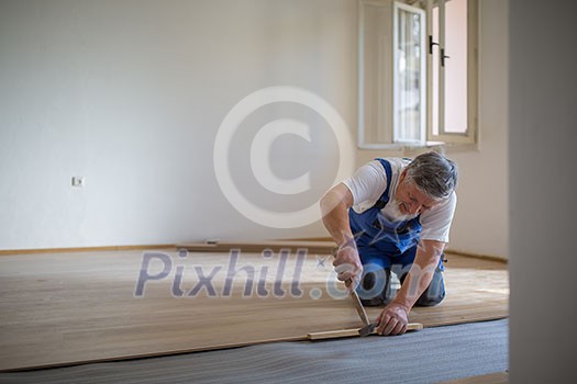 DIY, repair, building and home concept - close up of male hands lying parquet floor board/laminate flooring (shallow DOF; color toned image) DIY, repair, building and home concept - close up of male hands lying parquet floor board/laminate flooring (shallow DOF; color toned image)