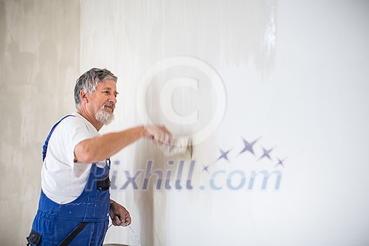Senior painter man at work with a paint bucket, wall painting concept Senior painter man at work with a paint bucket, wall painting concept
