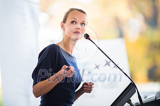 Pretty, young business woman giving a presentation in a conference/meeting setting (shallow DOF; color toned image) Pretty, young business woman giving a presentation in a conference/meeting setting (shallow DOF; color toned image)
