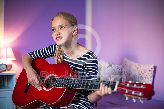Teenage girl with her guitar in her lovely room Teenage girl with her guitar in her lovely room