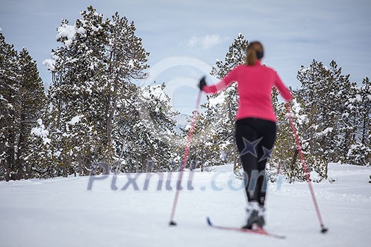 Cross-country skiing: young woman cross-country skiing on a winter day (forest in focus, skier left out of focus) Cross-country skiing: young woman cross-country skiing on a winter day (forest in focus, skier left out of focus)