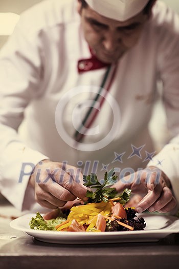 chef serving vegetable salad on plate in restaurant kitchen chef serving vegetable salad on plate in restaurant kitchen