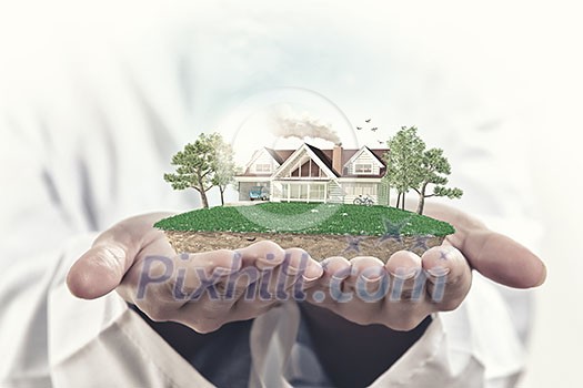 Male hands holding green life concept in palm Male hands holding green life concept in palm
