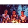 a group of happy young friends relaxing and enjoying  summer evening around campfire on the river bank