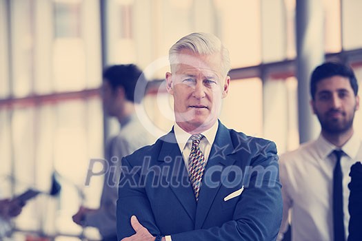 portrait of handsome senior business man with grey hait at modern bright office interior portrait of handsome senior business man with grey hait at modern bright office interior