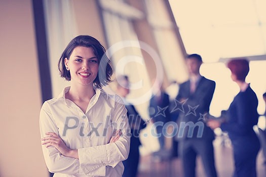 Smilling young business woman in front her team blured in background. Group of young business people. Modern bright  startup office interior.