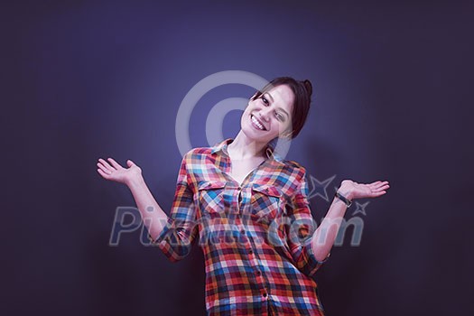portrait of young startup business woman at modern office, grey chalkboard wall in background portrait of young startup business woman at modern office, grey chalkboard wall in background
