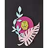 Greeting handcraft card with paper palm leaves and creative skull on a pink frame on a black background, place for text.The national Mexican holiday of Calaka. Flat lay