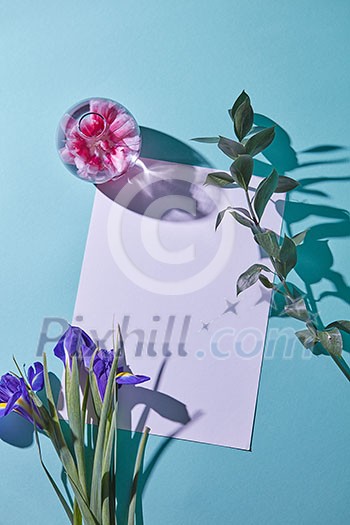Glass vase with pink flower, a bouquet of lilac irises and a white sheet of paper as a greeting card on a blue background with shadows, a top view Glass vase with pink flower, a bouquet of lilac irises and a white sheet of paper as a greeting card on a blue background with shadows, a top view