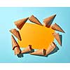 Sweet waffle cones for dessert on a duotone yellow blue paper background with copy space. Spring or summer food concept. Top view.