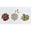 Vegan alternative food, set of various ingredients for vegetarian eating - pistachio, pumpkin seeds, walnuts on a white background, copy space. Flat lay