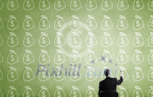 Rear view of businessman drawing with marker money earning concept Rear view of businessman drawing with marker money earning concept