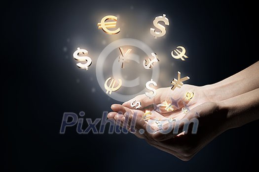 Dollar euro yen pound currency symbols in palms Dollar euro yen pound currency symbols in palms