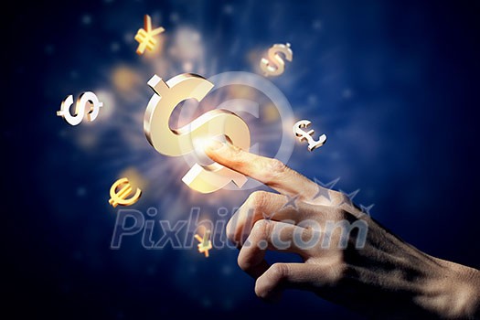 Hand touching money currency symbol with finger Hand touching money currency symbol with finger