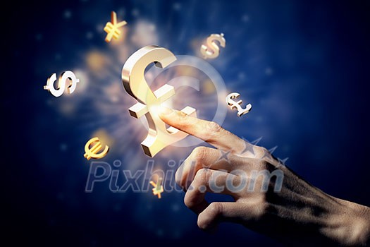 Hand touching money currency symbol with finger Hand touching money currency symbol with finger
